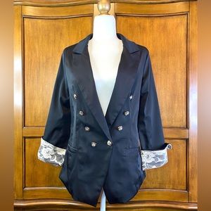 Navy Blazer with White Lace Cuffs